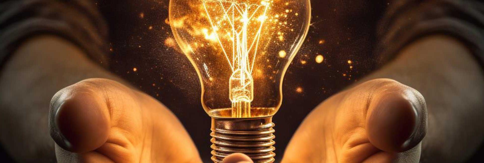 An illustration of male hands holding a light bulb and promoting creativity and innovation